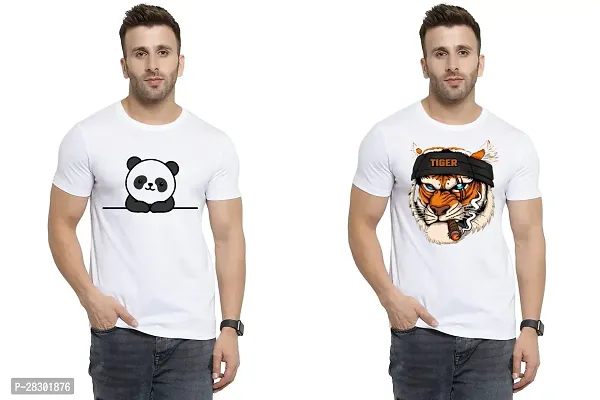 Stylish White Polycotton Half Sleeve Printed Round Neck Tees For Men Pack Of 2-thumb0