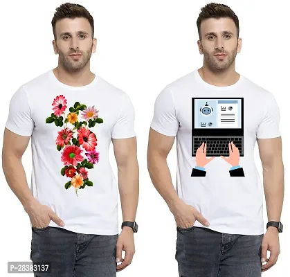 Reliable White Polycotton Printed Round Neck Tees For Men Pack Of 2