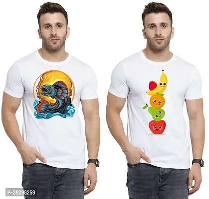 Stylish White Polycotton Printed Round Neck Tees For Men Pack Of 2