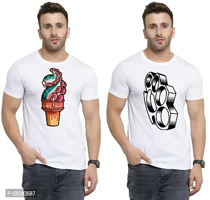 Reliable White Polycotton Printed Round Neck Tees For Men Pack Of 2