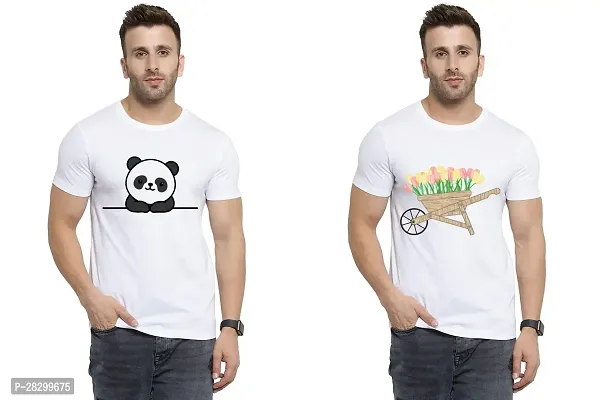 Stylish White Polycotton Half Sleeve Printed Round Neck Tees For Men Pack Of 2