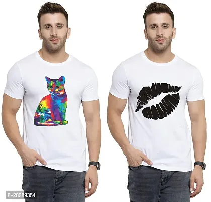 Stylish White Polycotton Half Sleeve Printed Round Neck Tees For Men Pack Of 2