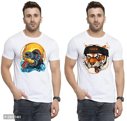 Stylish White Polycotton Printed Round Neck Tees For Men Pack Of 2