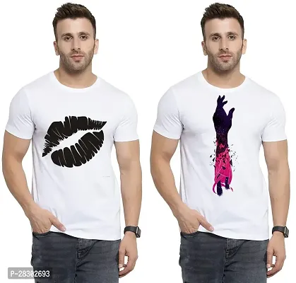 Stylish White Polycotton Half Sleeve Printed Round Neck Tees For Men Pack Of 2