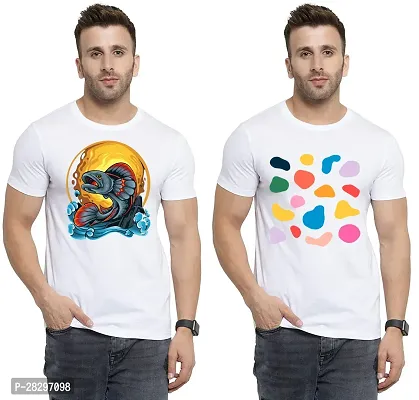 Stylish White Polycotton Printed Round Neck Tees For Men Pack Of 2