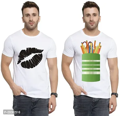 Stylish White Polycotton Half Sleeve Printed Round Neck Tees For Men Pack Of 2