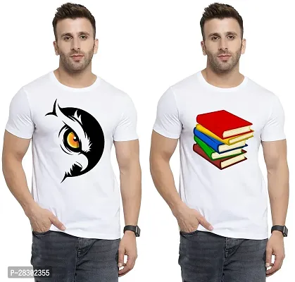 Stylish White Polycotton Half Sleeve Printed Round Neck Tees For Men Pack Of 2