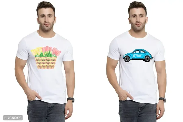 Stylish White Polycotton Half Sleeve Printed Round Neck Tees For Men Pack Of 2