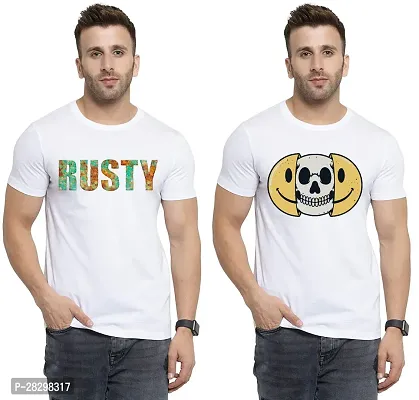 Stylish White Polycotton Half Sleeve Printed Round Neck Tees For Men Pack Of 2