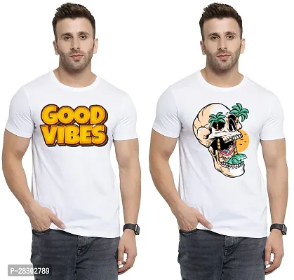 Stylish White Polycotton Half Sleeve Printed Round Neck Tees For Men Pack Of 2-thumb0