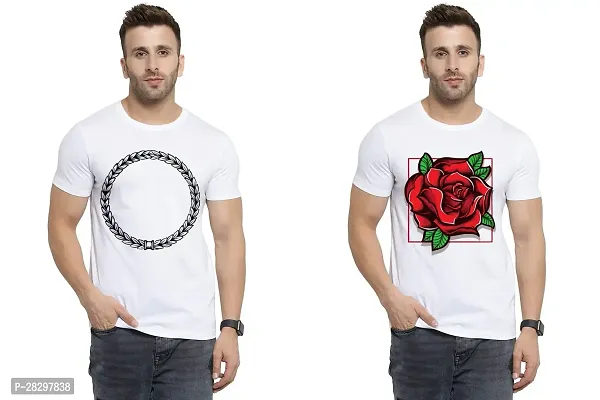 Stylish White Polycotton Half Sleeve Printed Round Neck Tees For Men Pack Of 2