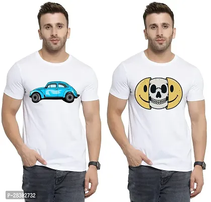 Stylish White Polycotton Half Sleeve Printed Round Neck Tees For Men Pack Of 2