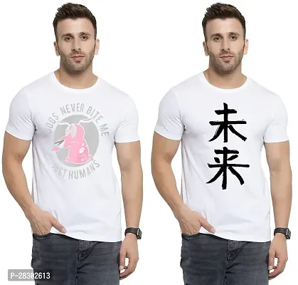 Stylish White Polycotton Half Sleeve Printed Round Neck Tees For Men Pack Of 2-thumb0