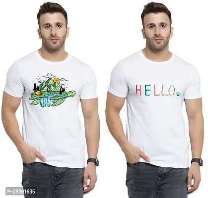 Stylish White Polycotton Half Sleeve Printed Round Neck Tees For Men Pack Of 2