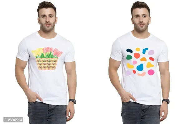 Stylish White Polycotton Half Sleeve Printed Round Neck Tees For Men Pack Of 2