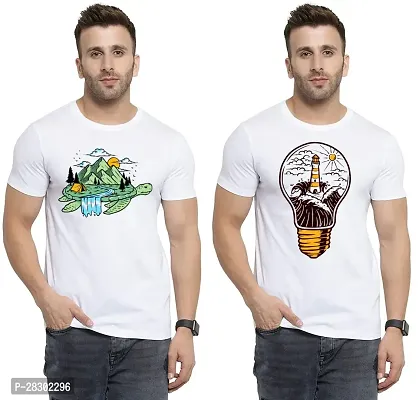 Stylish White Polycotton Half Sleeve Printed Round Neck Tees For Men Pack Of 2