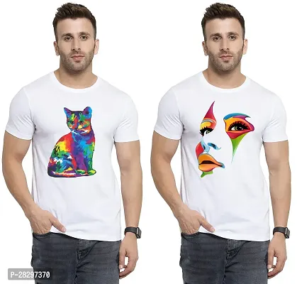 Stylish White Polycotton Printed Round Neck Tees For Men Pack Of 2