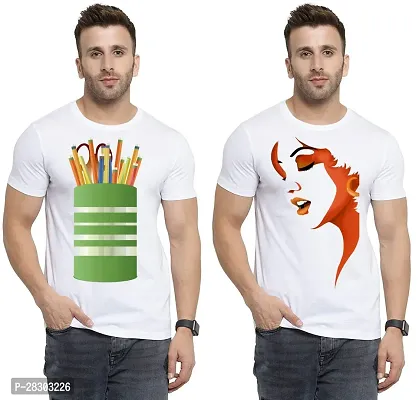 Reliable White Polycotton Printed Round Neck Tees For Men Pack Of 2