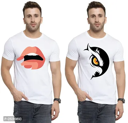 Stylish White Polycotton Half Sleeve Printed Round Neck Tees For Men Pack Of 2