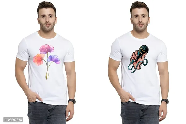 Stylish White Polycotton Half Sleeve Printed Round Neck Tees For Men Pack Of 2-thumb0