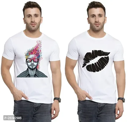 Stylish White Polycotton Half Sleeve Printed Round Neck Tees For Men Pack Of 2