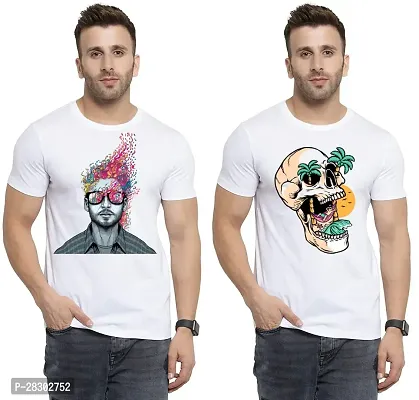 Stylish White Polycotton Half Sleeve Printed Round Neck Tees For Men Pack Of 2-thumb0