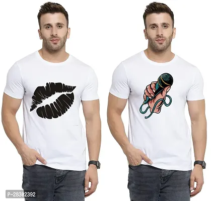 Stylish White Polycotton Half Sleeve Printed Round Neck Tees For Men Pack Of 2