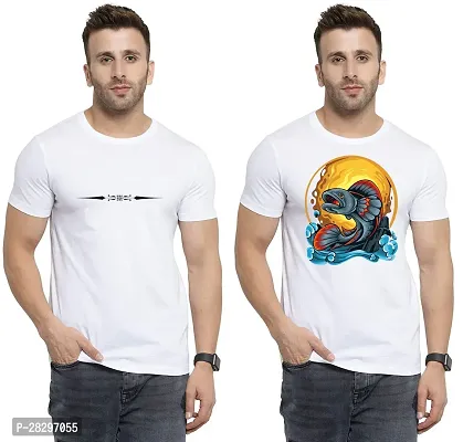 Stylish White Polycotton Printed Round Neck Tees For Men Pack Of 2