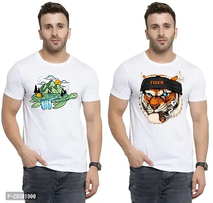 Stylish White Polycotton Half Sleeve Printed Round Neck Tees For Men Pack Of 2