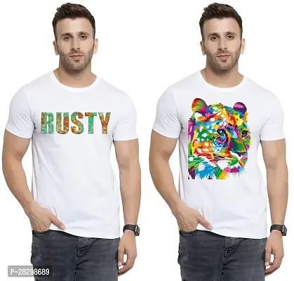 Stylish White Polycotton Half Sleeve Printed Round Neck Tees For Men Pack Of 2