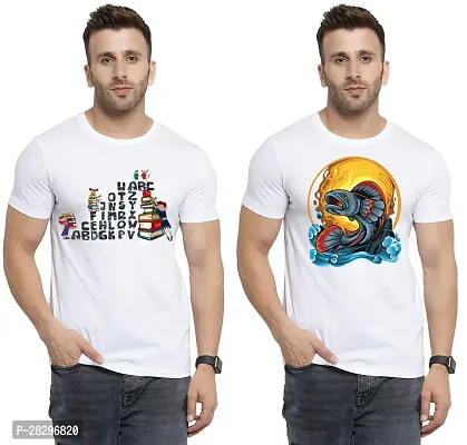 Stylish White Polycotton Printed Round Neck Tees For Men Pack Of 2