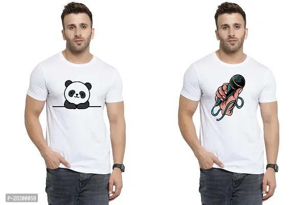 Stylish White Polycotton Half Sleeve Printed Round Neck Tees For Men Pack Of 2