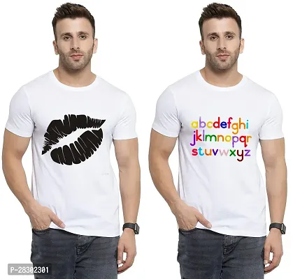 Stylish White Polycotton Half Sleeve Printed Round Neck Tees For Men Pack Of 2