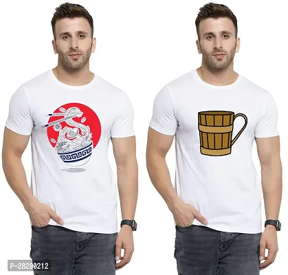 Stylish White Polycotton Half Sleeve Printed Round Neck Tees For Men Pack Of 2