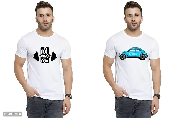 Stylish White Polycotton Half Sleeve Printed Round Neck Tees For Men Pack Of 2