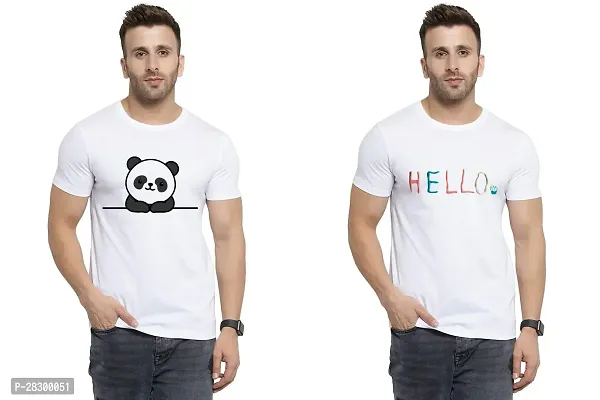 Stylish White Polycotton Half Sleeve Printed Round Neck Tees For Men Pack Of 2