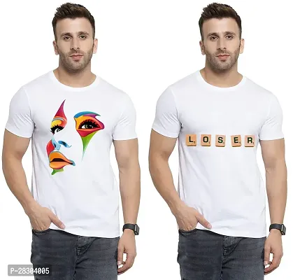 Reliable White Polycotton Printed Round Neck Tees For Men Pack Of 2