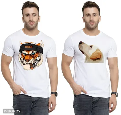 Stylish White Polycotton Half Sleeve Printed Round Neck Tees For Men Pack Of 2