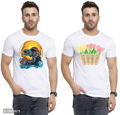 Stylish White Polycotton Half Sleeve Printed Round Neck Tees For Men Pack Of 2