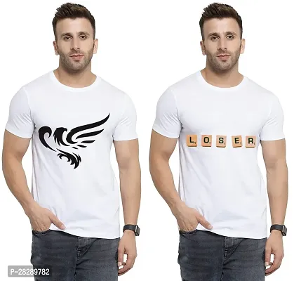 Stylish White Polycotton Half Sleeve Printed Round Neck Tees For Men Pack Of 2