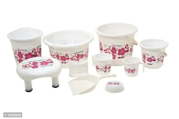 Printed Plastic Bathroom Set Combo of 10 Pieces White Pink