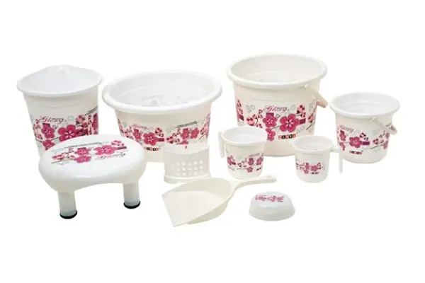 Printed Plastic Bathroom Set Combo of 10 Pieces White Pink