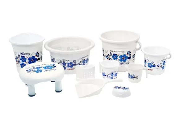 Printed Plastic Bathroom Set Combo of 10 Pieces White Blue