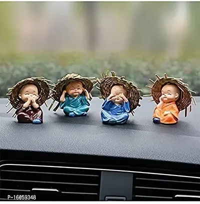 AGARWAL TRADING CORPORATION Laughing Buddha Statue for Car Dashboard Decor/Home Decor/Cute Small Kung Fu/Little Monks Straw Hat for Car Dashboard/Set of 4 Monks/Car Crafts Decoration (Monk) Pack-thumb3