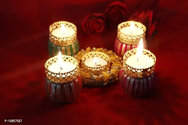 Agarwal Trading Corporation Tea Light Candles Set | 4 Tea Light + 1 Floral Diya Beautiful Set | Home D?cor and Lighting for Diwali Decoration Staircase Wall Decoration Items Colorful Diyas