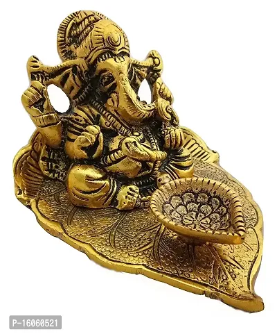 AGARWAL TRADING CORPORATION Ganesh, Ganesha on Leaf - Ganesh with Diya - Lord Ganesha Metal Hand Craved for Home Decorative Gift Puja