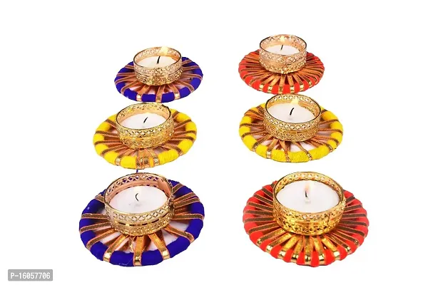 Agarwal Trading Corporation Diwali Celebration Handmade Metal Diya Tea Light Candle Holder with Wax Tea Light Pack of 4 (Multi-01)-thumb0