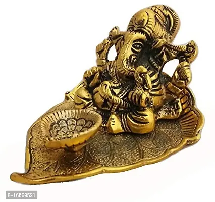 AGARWAL TRADING CORPORATION Ganesh, Ganesha on Leaf - Ganesh with Diya - Lord Ganesha Metal Hand Craved for Home Decorative Gift Puja-thumb2