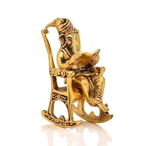 India Metal Lord Ganesha Reading Ramayana Statue Hindu God Ganesh Ganpati Sitting on Chair Idol Sculpture Home Office Gifts Decor(Size: 5.5 Inches, Golden Finish)