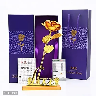 Artificial Golden 24K Gold Plated Rose Flower with Love Stand in Gift Box with Carry Bag-thumb0